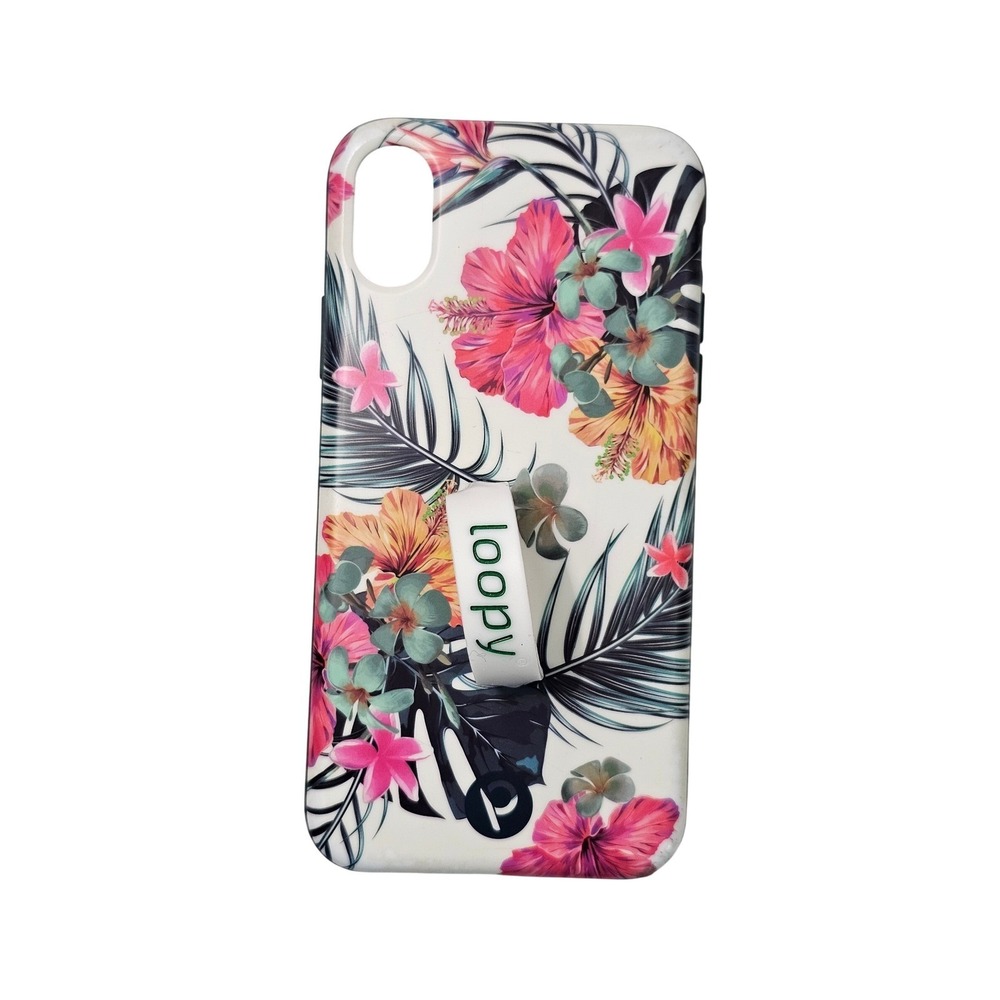 Loopy Case iPhone X XS Tropical Floral Hibiscus White Teal Finger Loop Pouch - Picture 2 of 6